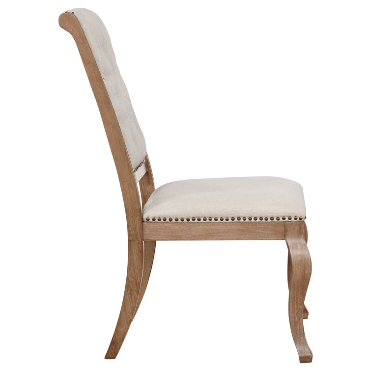 Cream Upholstered Tufted Side Chair with Light Brown Wood Frame
