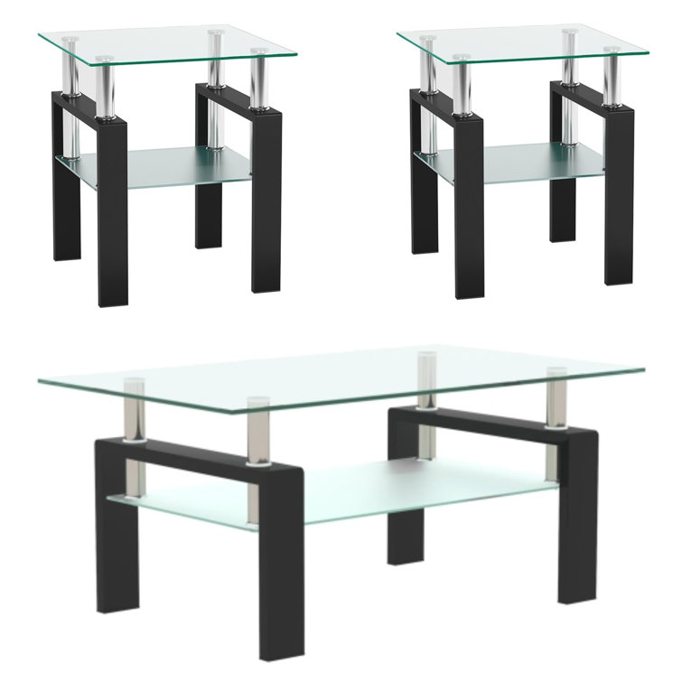 Clear Glass and Black Metal 3-Piece Coffee and End Table Set