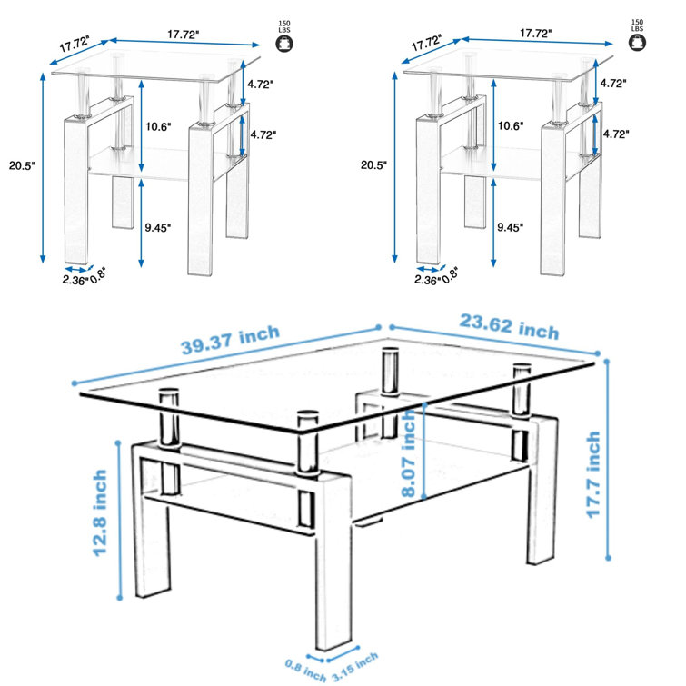Clear Glass and Black Metal 3-Piece Coffee and End Table Set