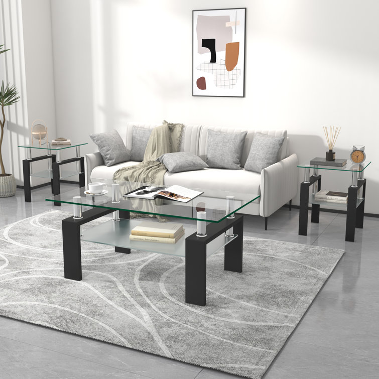 Clear Glass and Black Metal 3-Piece Coffee and End Table Set