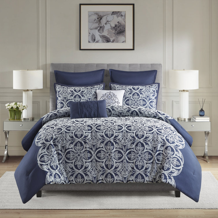 Navy Microfiber Full 7-Piece Comforter Set with Graphic Detail