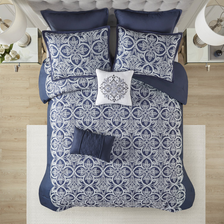 Navy Microfiber Full 7-Piece Comforter Set with Graphic Detail