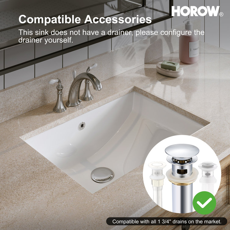 White Rectangular Ceramic Undermount Bathroom Sink with Overflow Hole