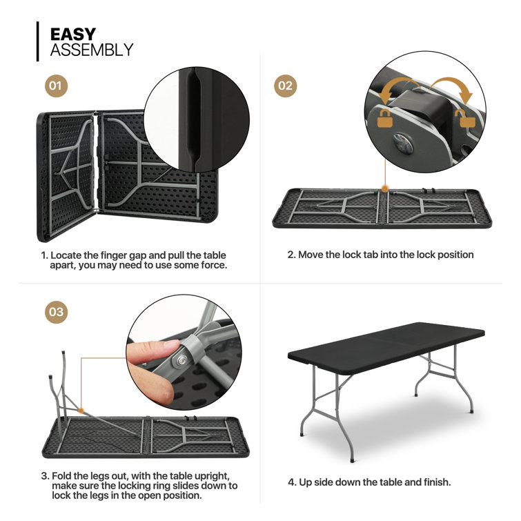 6ft Black Plastic Foldable Picnic Table with Steel Frame