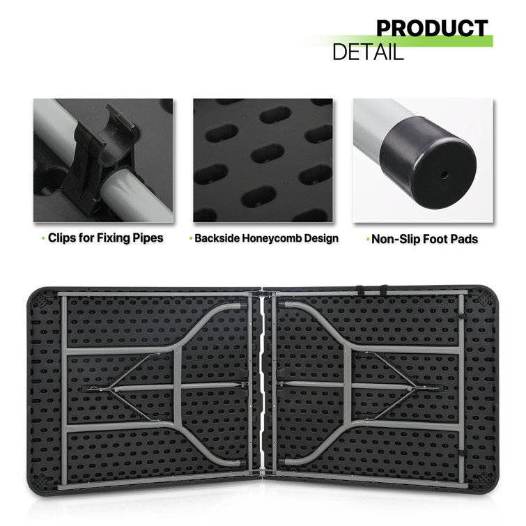 6ft Black Plastic Foldable Picnic Table with Steel Frame
