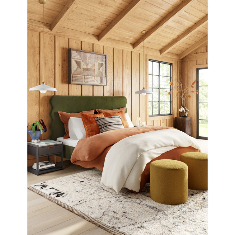 Classic Ochre Round Upholstered Ottoman with Pine Frame