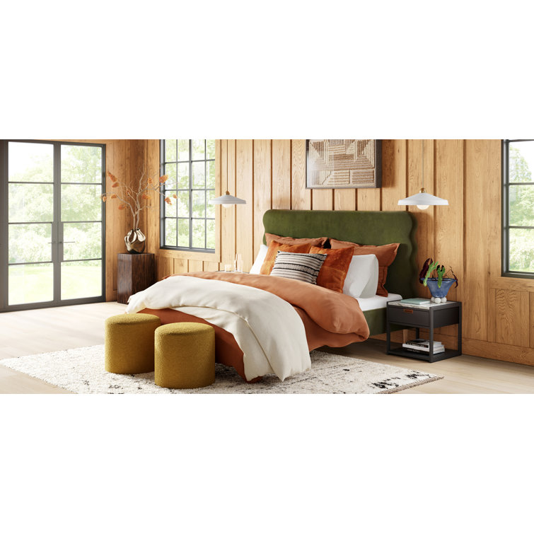 Classic Ochre Round Upholstered Ottoman with Pine Frame