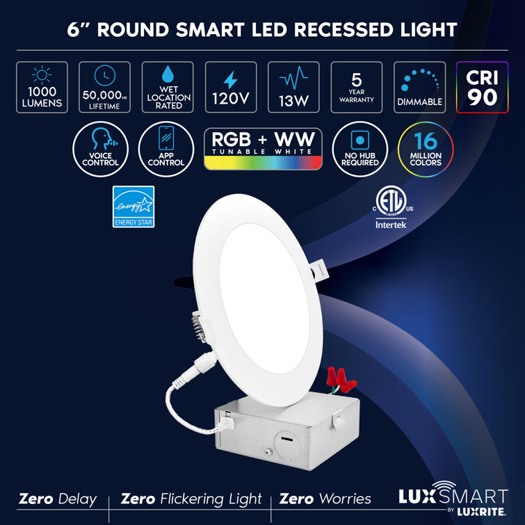 6 Inch White Smart LED Recessed Lighting with RGBW Color Changing