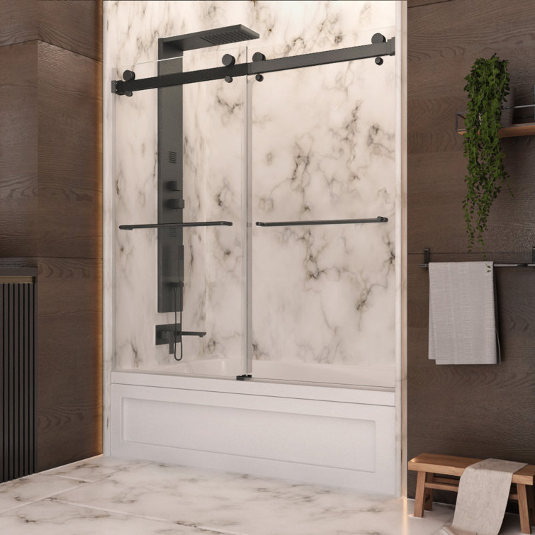 Luna Matte Black Frameless Sliding Tub Door with Clear Glass