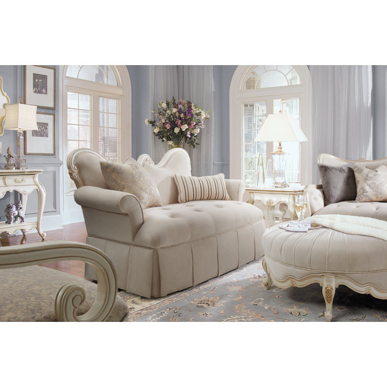 Ivory Velvet Tufted Settee with Classic Pearl Wood Frame