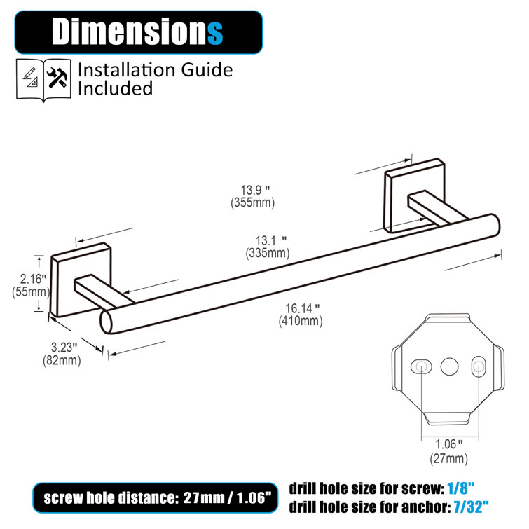 16'' Polished Chrome Stainless Steel Wall Mounted Towel Bar