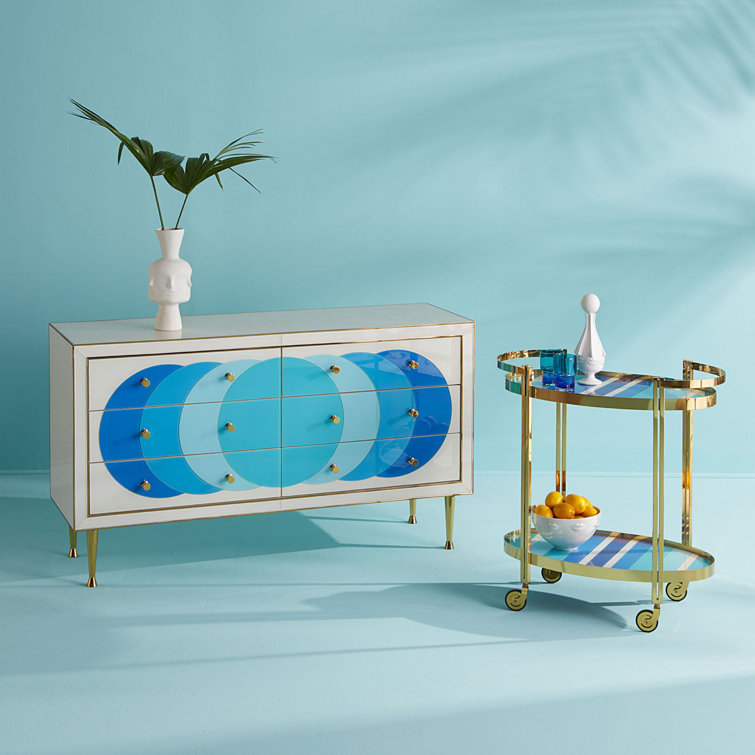 Ultramarine Blue and Brass Bar Cart with Glass Shelves