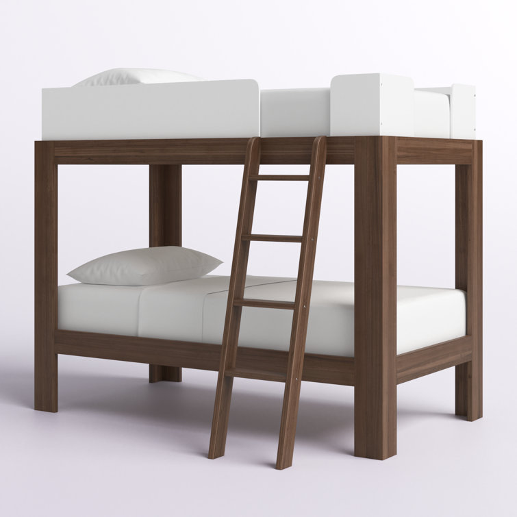 Walnut and White Twin Over Twin Wood Bunk Bed with Ladder