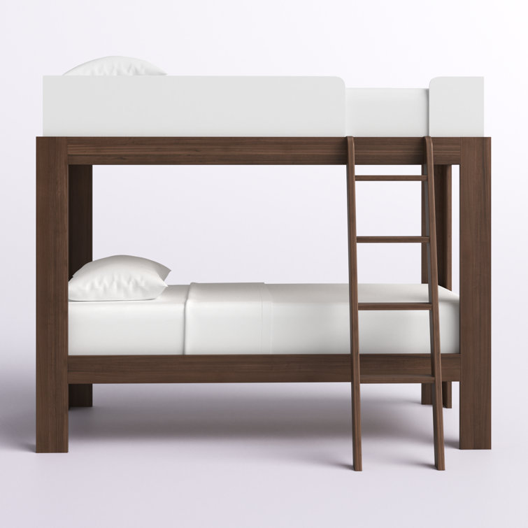 Walnut and White Twin Over Twin Wood Bunk Bed with Ladder