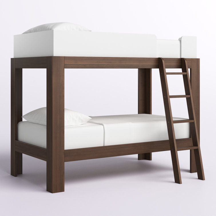 Walnut and White Twin Over Twin Wood Bunk Bed with Ladder