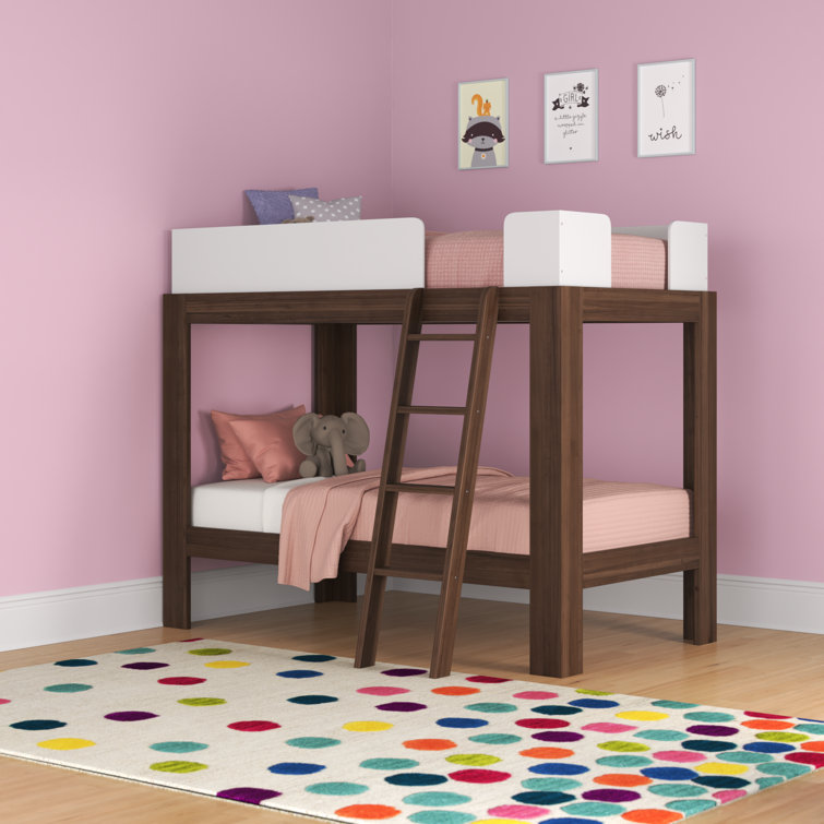 Walnut and White Twin Over Twin Wood Bunk Bed with Ladder