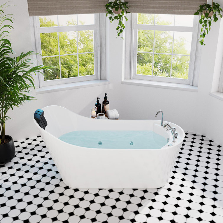 67'' White Freestanding Acrylic Whirlpool Bathtub with Faucet