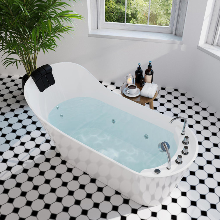 67'' White Freestanding Acrylic Whirlpool Bathtub with Faucet