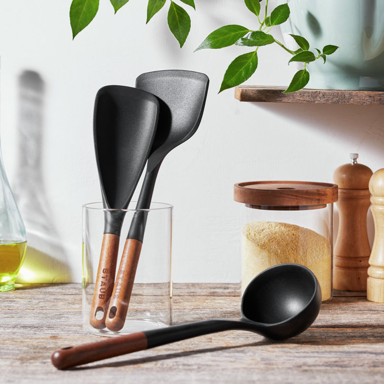 Staub Matte Black Silicone and Acacia Wood 3-Piece Cooking Utensil Set