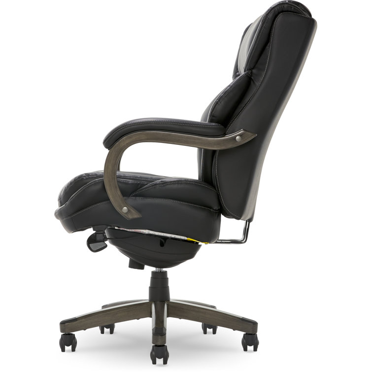 Black Leather Ergonomic Executive Office Chair with Wood Base