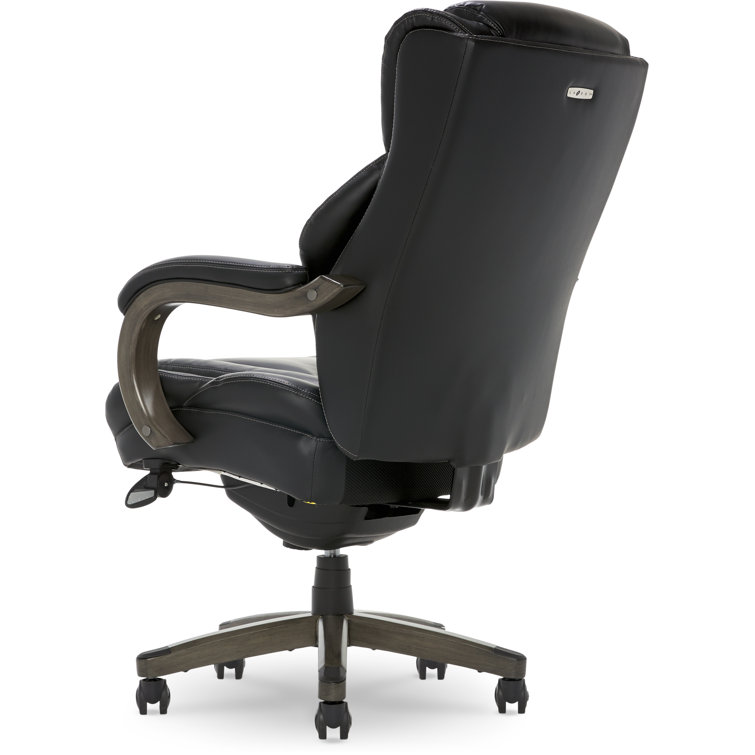 Black Leather Ergonomic Executive Office Chair with Wood Base