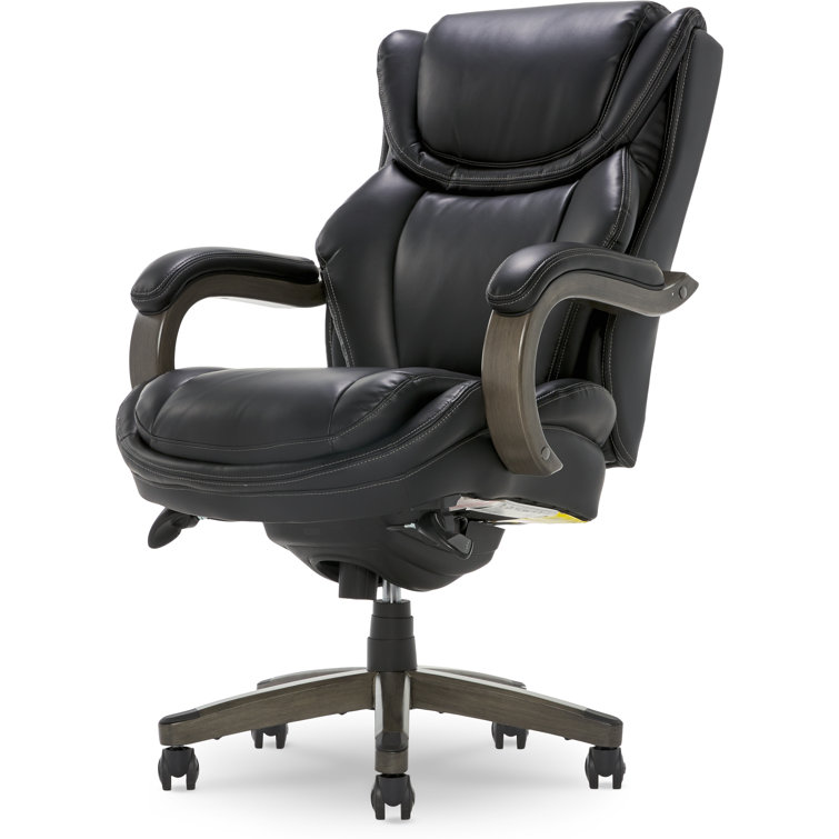 Black Leather Ergonomic Executive Office Chair with Wood Base