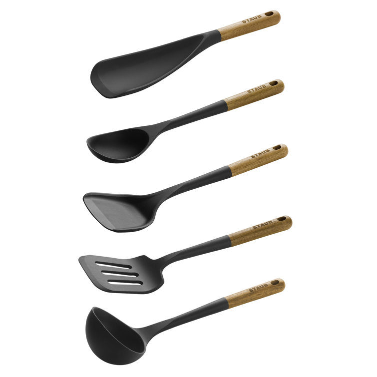 Staub 5-Piece Black Silicone and Wood Cooking Utensil Set