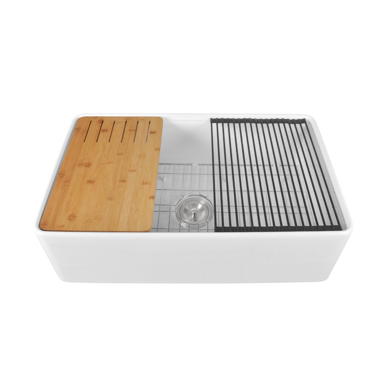 White Fireclay 33" Single Bowl Farmhouse Kitchen Sink with Accessories