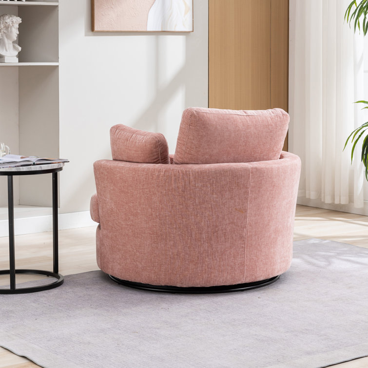Pink Chenille Swivel Barrel Chair with Ottoman