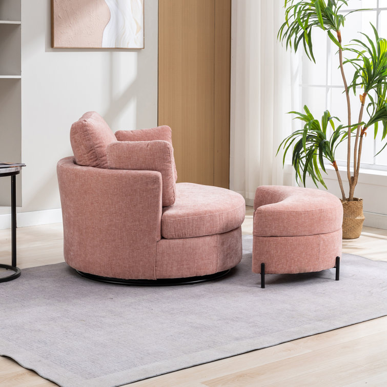 Pink Chenille Swivel Barrel Chair with Ottoman