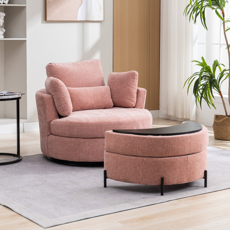 Pink Chenille Swivel Barrel Chair with Ottoman