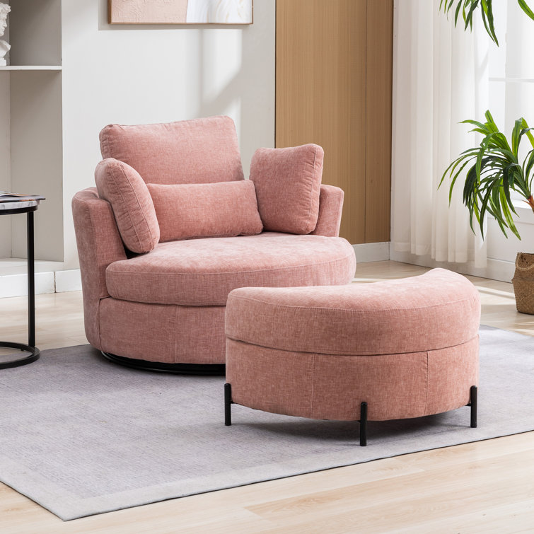Pink Chenille Swivel Barrel Chair with Ottoman