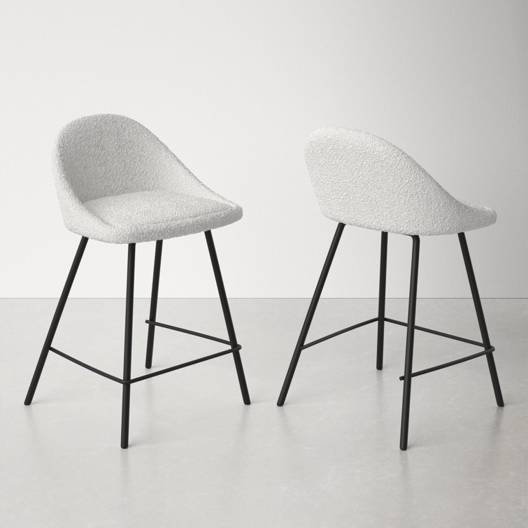 White Boucle Low Back Bar Stools with Iron Legs, Set of 2