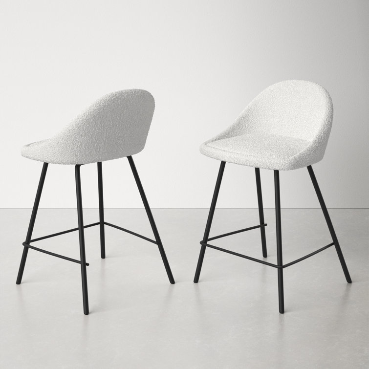 White Boucle Low Back Bar Stools with Iron Legs, Set of 2