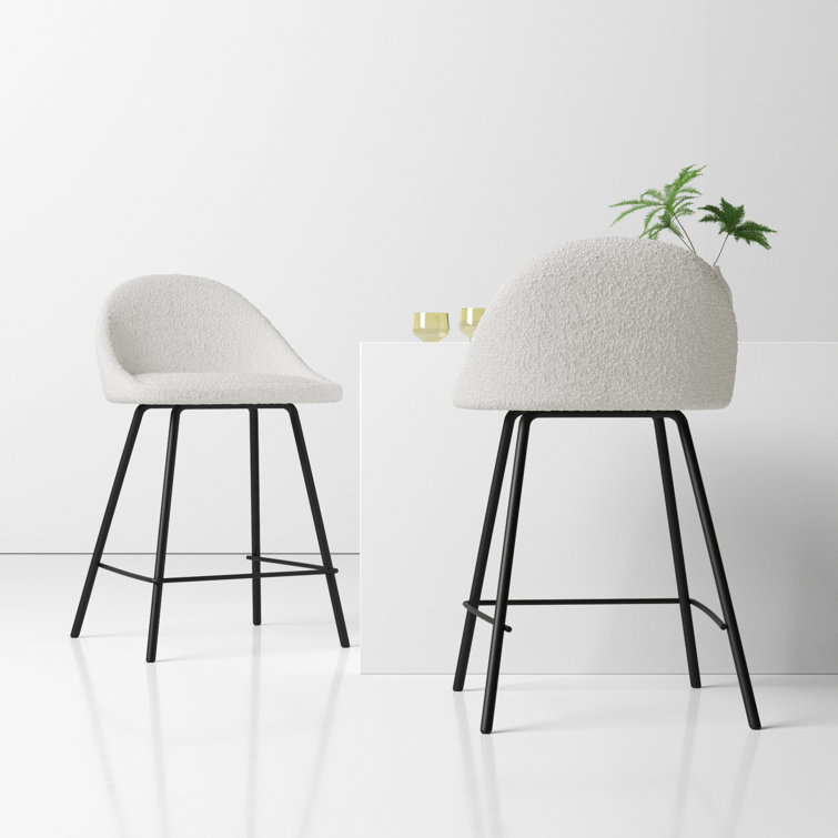 White Boucle Low Back Bar Stools with Iron Legs, Set of 2