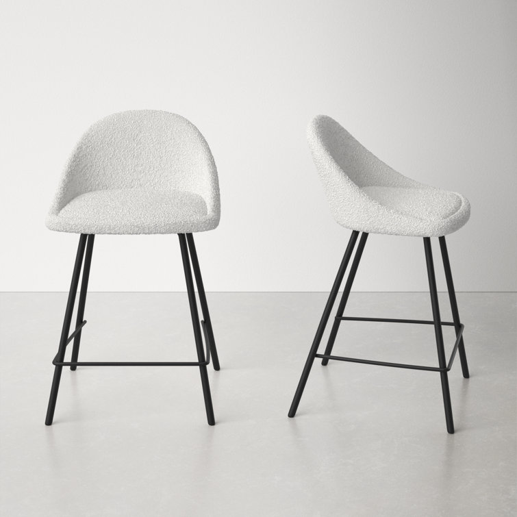 White Boucle Low Back Bar Stools with Iron Legs, Set of 2