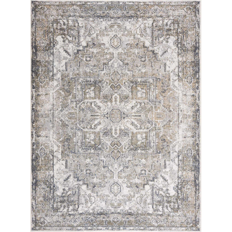 Ivory and Beige Polyester Medium Pile Washable Area Rug 7'10" x 10'2"