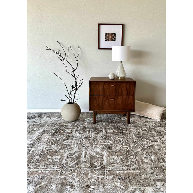 Ivory and Beige Polyester Medium Pile Washable Area Rug 7'10" x 10'2"