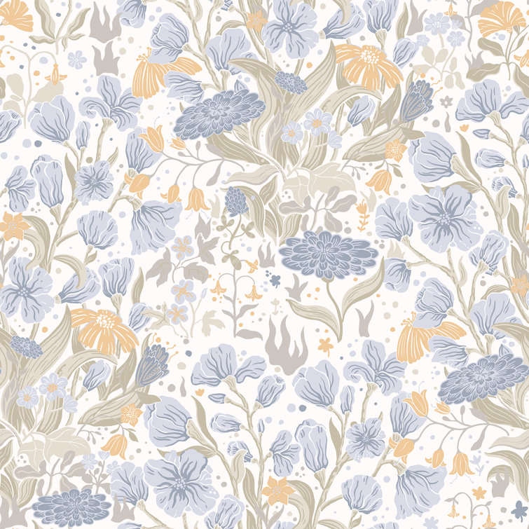 Light Blue and Cream Floral Non-Pasted Wallpaper Roll