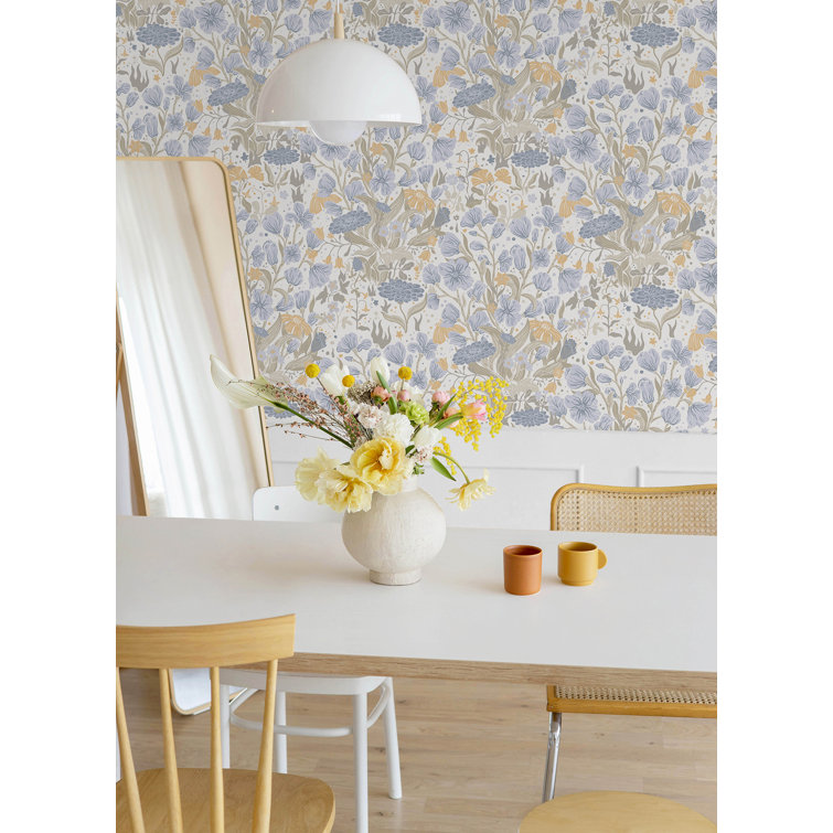 Light Blue and Cream Floral Non-Pasted Wallpaper Roll