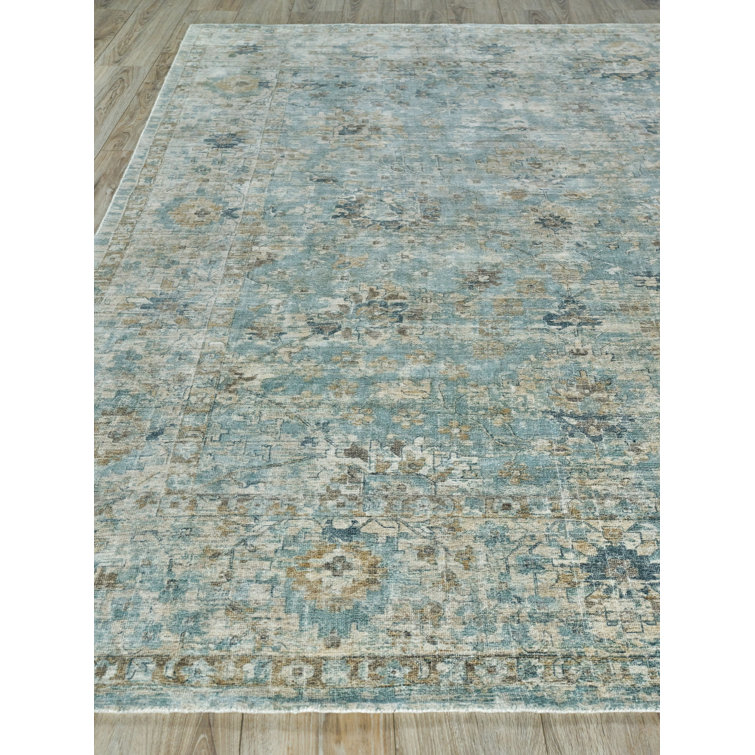 Handmade Blue Wool and Silk Rectangular Area Rug 9' x 12'