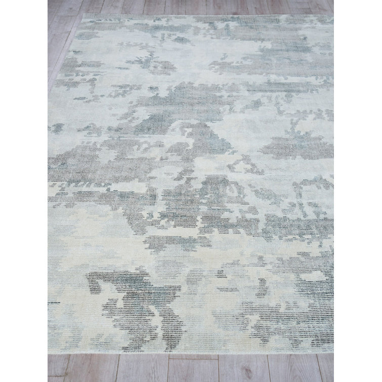 Handmade Rectangular Gray and Blue Wool Viscose Area Rug