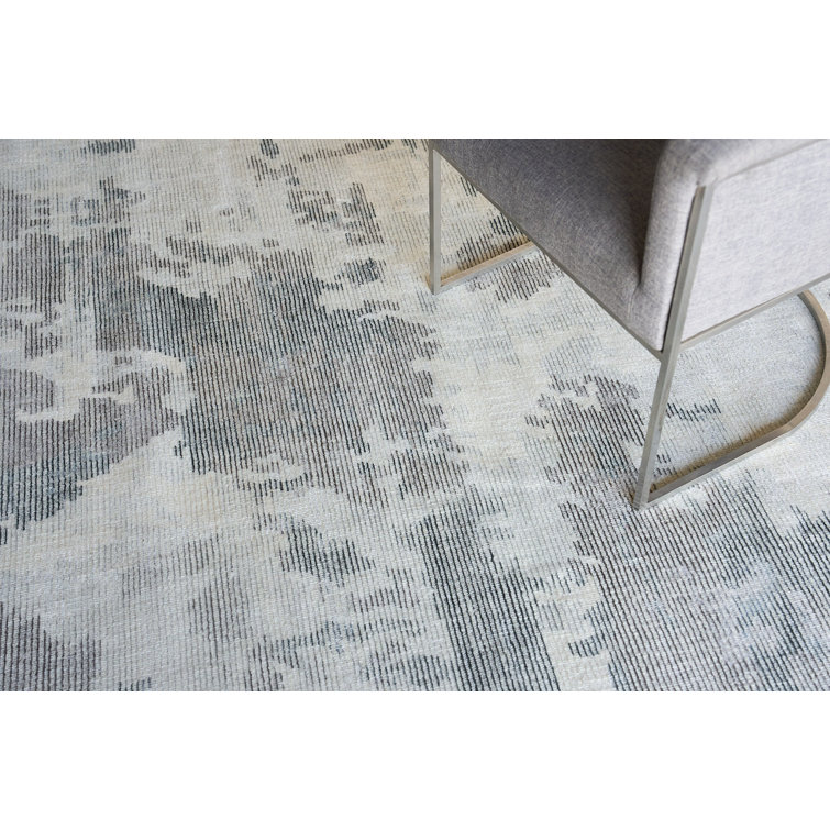 Handmade Rectangular Gray and Blue Wool Viscose Area Rug