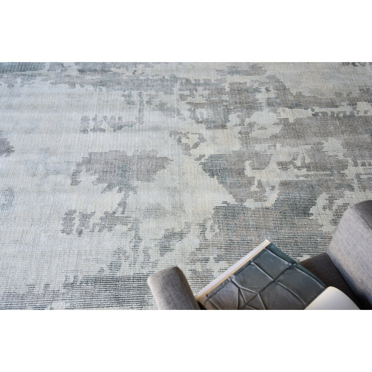 Handmade Rectangular Gray and Blue Wool Viscose Area Rug