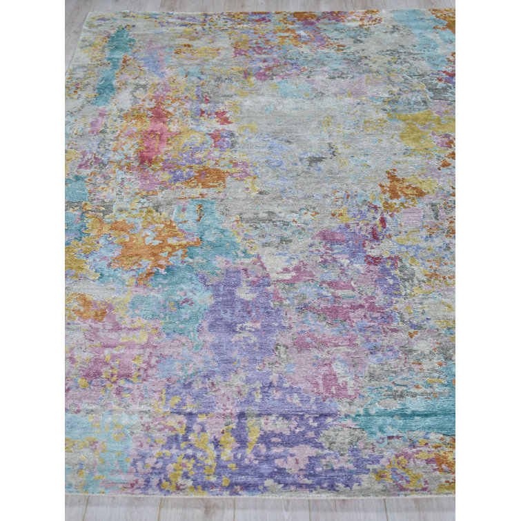 Ivory Abstract Hand-Knotted Wool and Viscose Rug, 10' x 14'