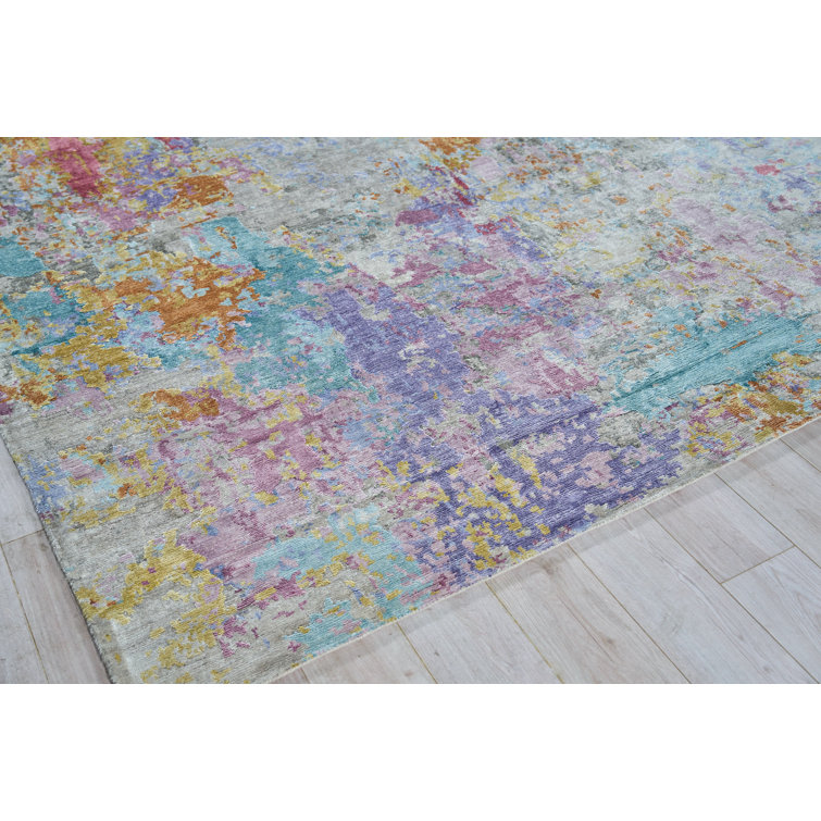 Ivory Abstract Hand-Knotted Wool and Viscose Rug, 10' x 14'