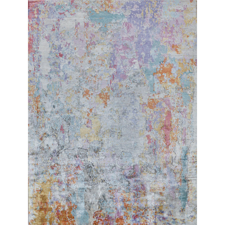 Ivory Abstract Hand-Knotted Wool and Viscose Rug, 10' x 14'