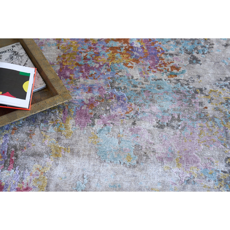 Ivory Abstract Hand-Knotted Wool and Viscose Rug, 10' x 14'