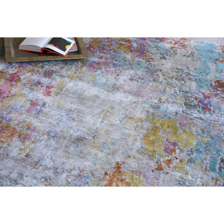 Ivory Abstract Hand-Knotted Wool and Viscose Rug, 10' x 14'