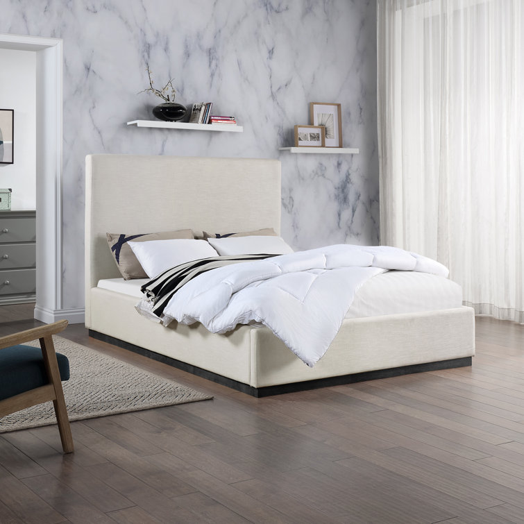 Beige Velvet Upholstered Queen Bed with Tall Headboard